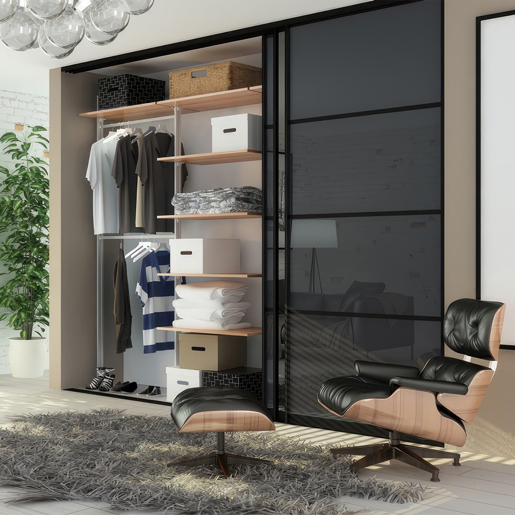 Black aluminum-frame glass sliding doors on a custom closet