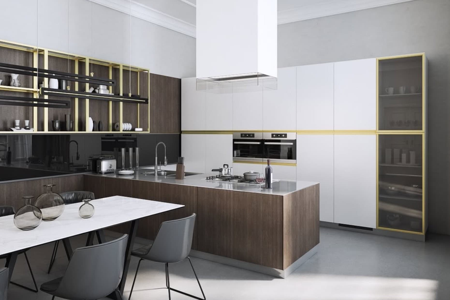 Kitchen with brass aluminum frame glass cabinet doors