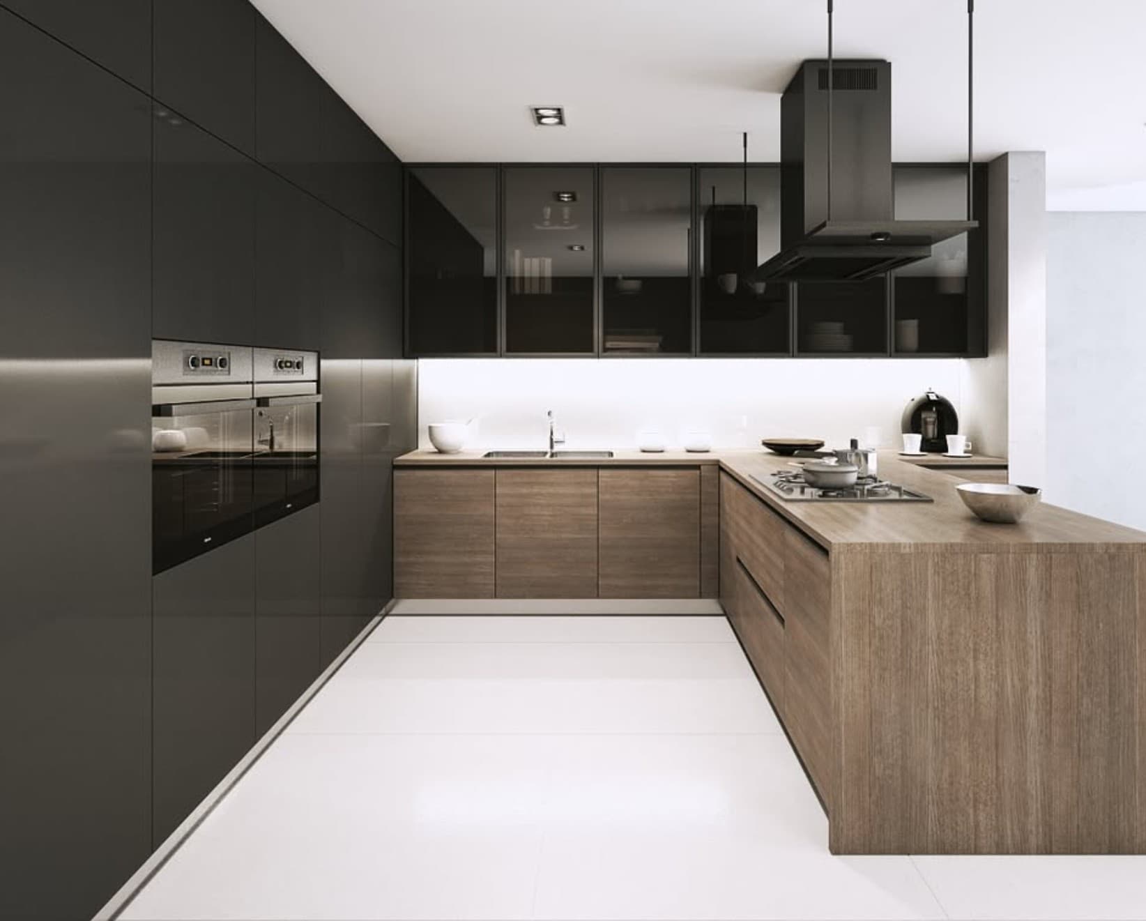Dark glass upper cabinets with slim aluminum frames