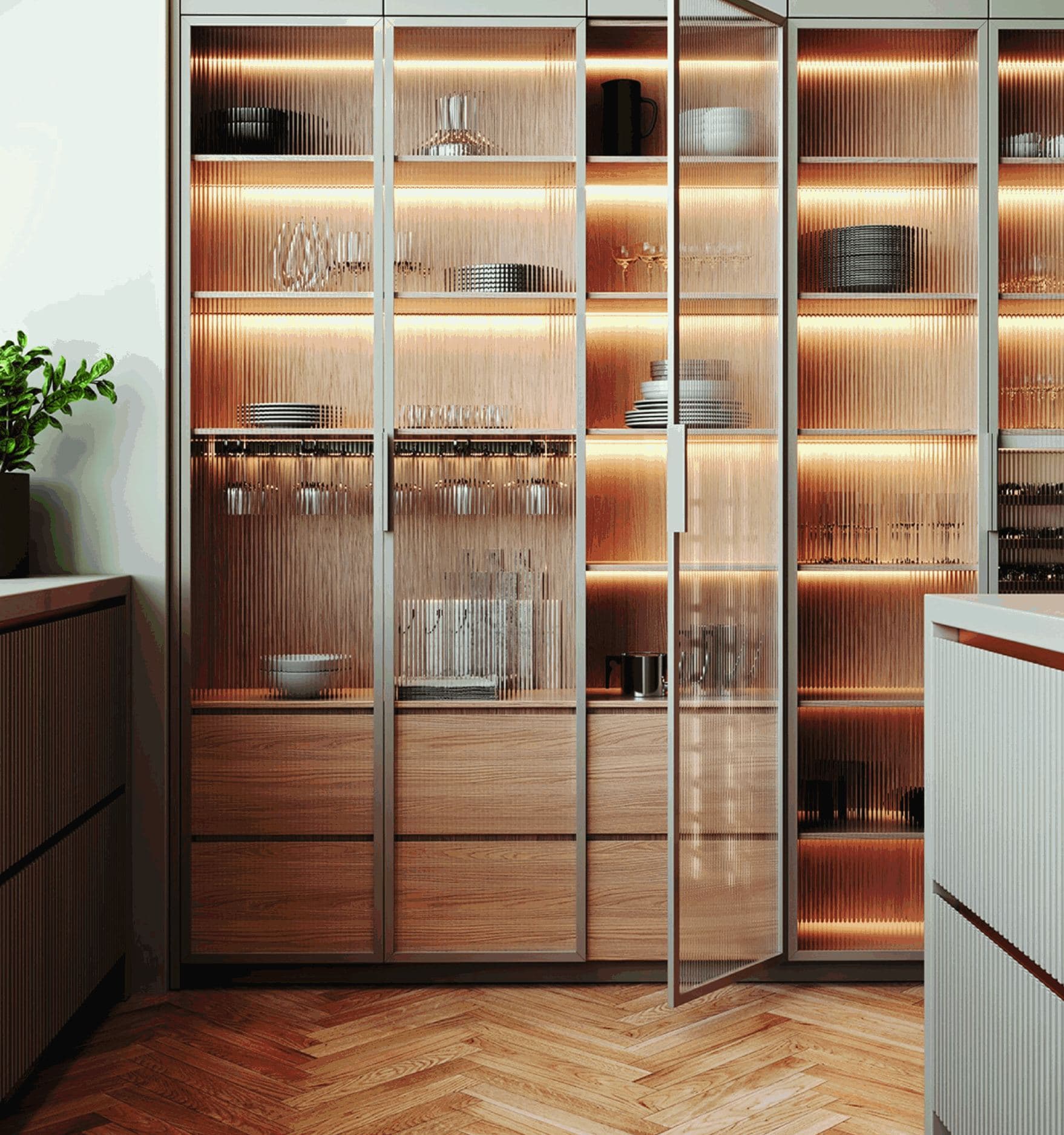 Fluted glass aluminum frame pantry doors with lit shelves