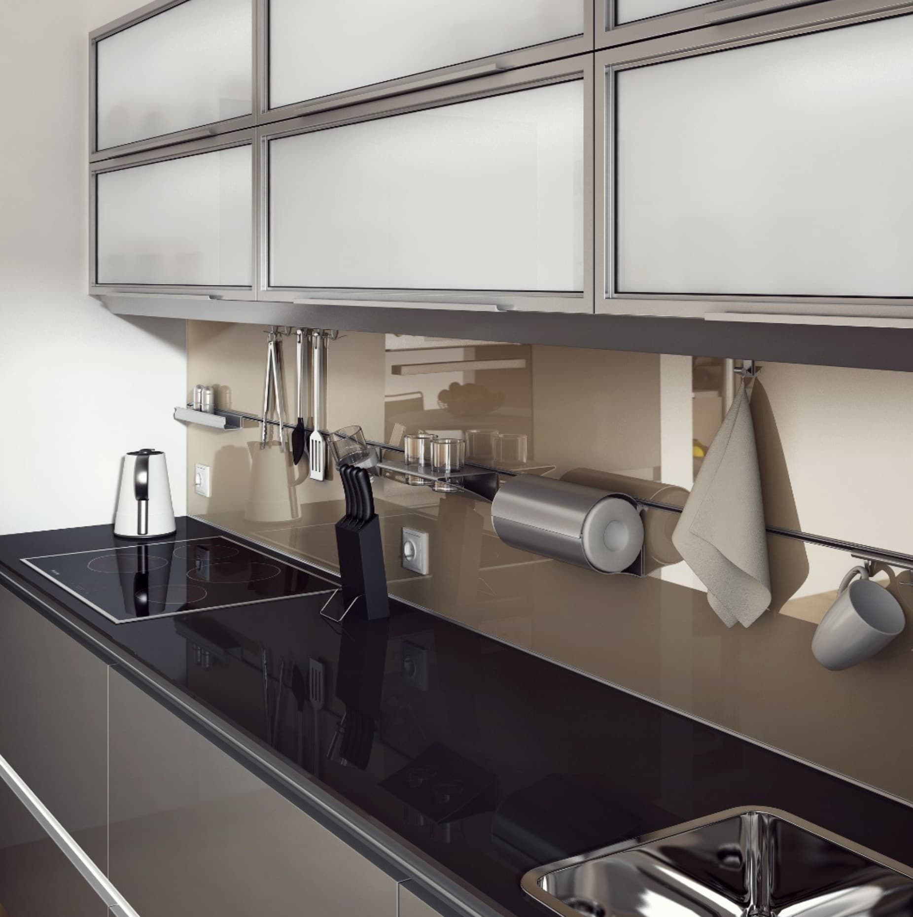 Frosted glass aluminum frame cabinet doors, close-up of frame and glass