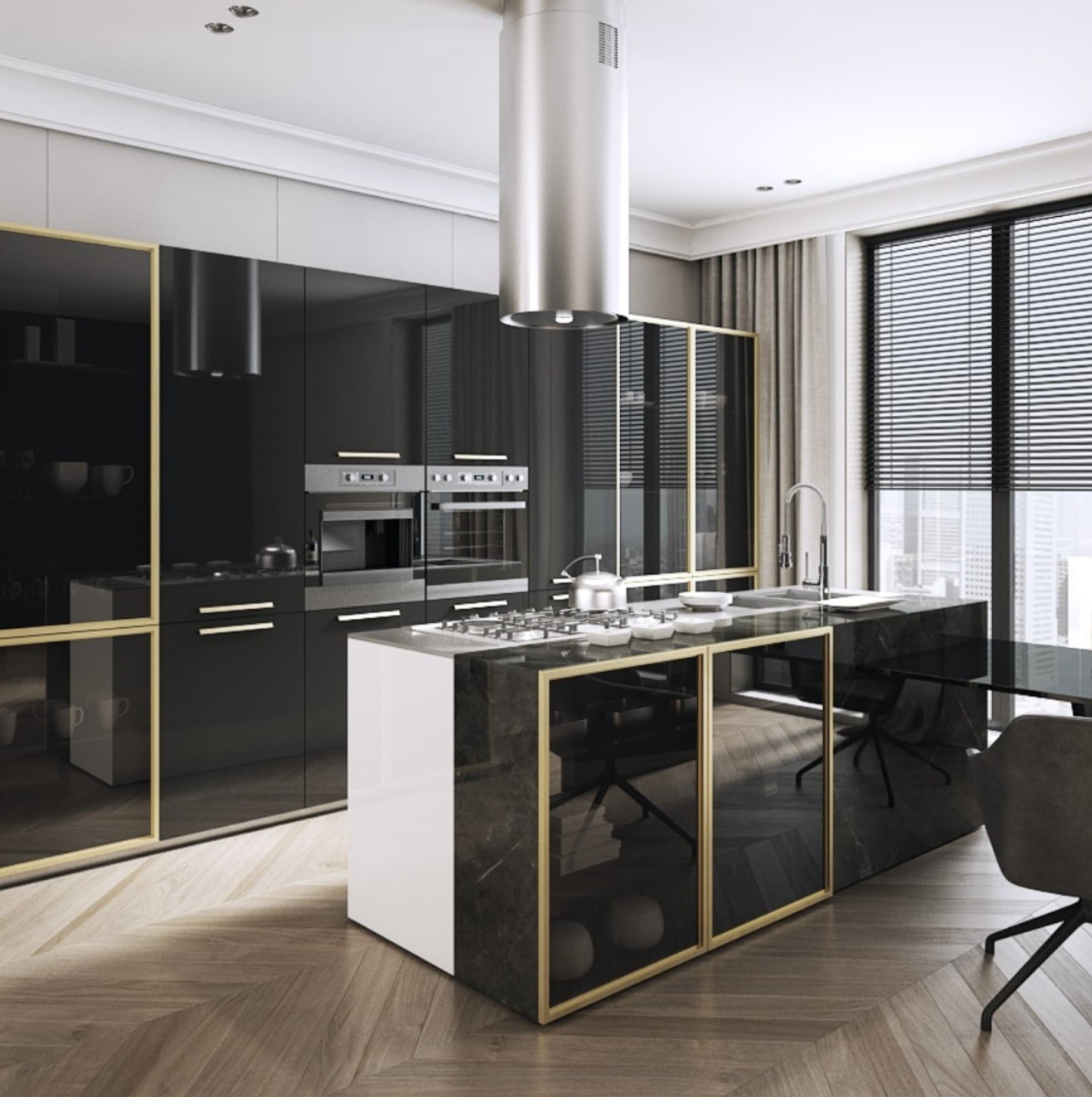 Black glass cabinet doors in gold aluminum frames
