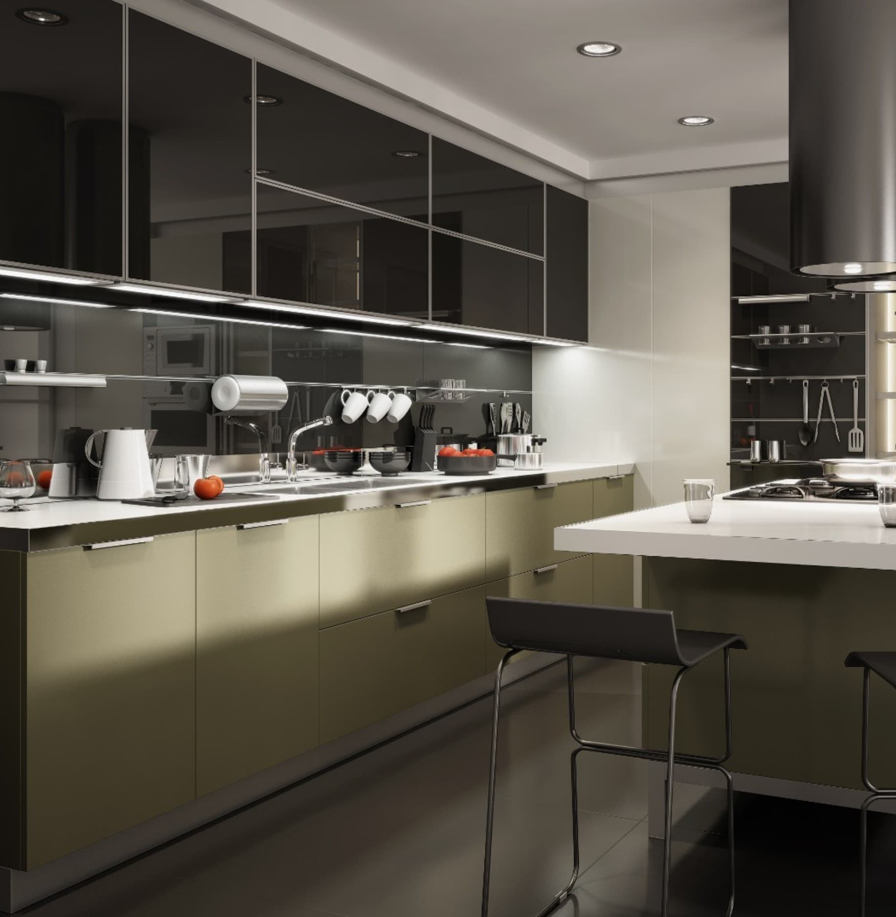 Smoked glass aluminum upper cabinets over olive base cabinets