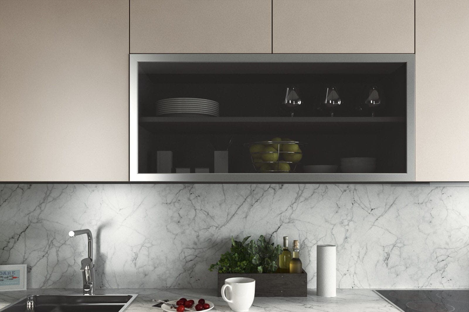 Silver aluminum frame glass upper cabinet in a beige kitchen