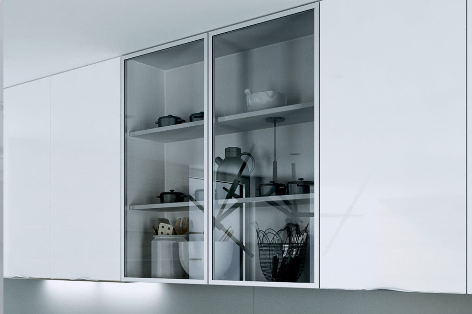White kitchen with silver frame smoked-glass cabinet doors