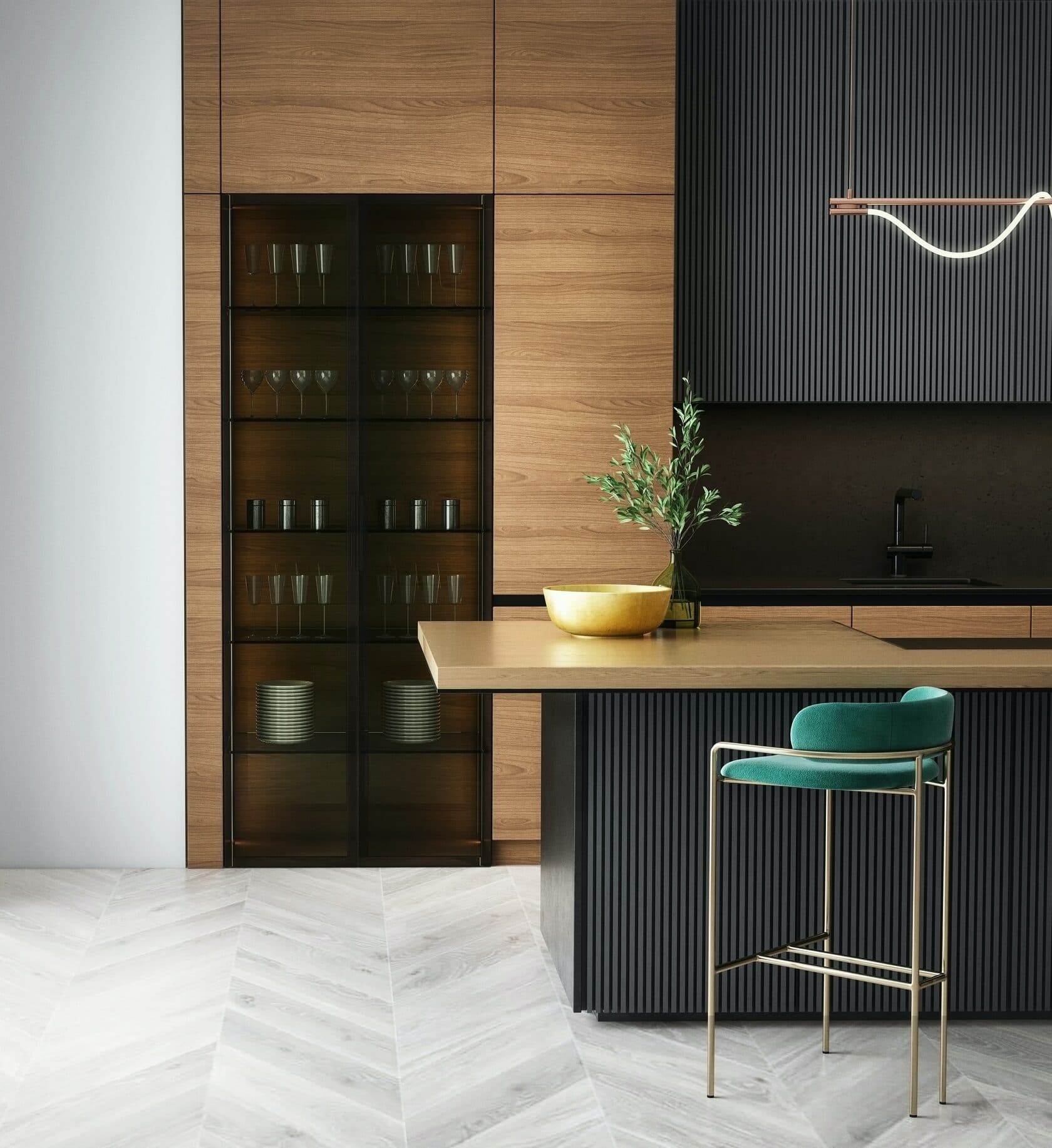 Custom kitchen with walnut cabinets and black slat island by Cabinets Atelier