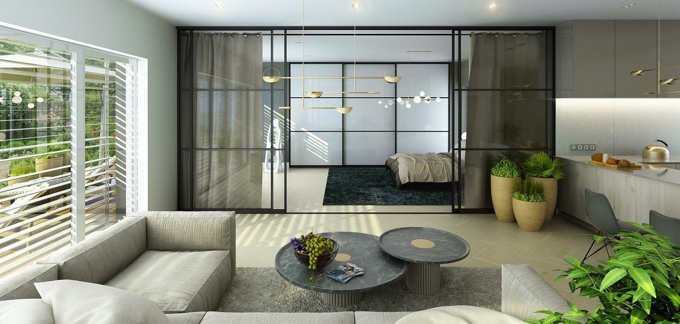 Smoked glass sliding room divider with black aluminum frames