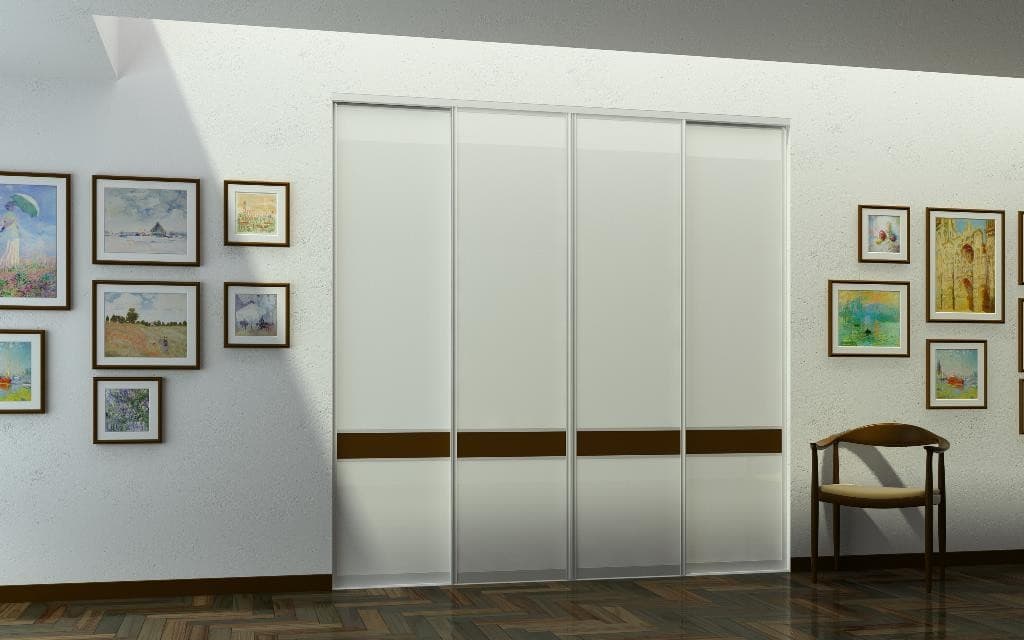 White glass sliding closet doors with a wood accent stripe